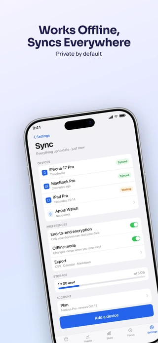 Slide 5 of the Hero Intro pack: Works Offline, Syncs Everywhere — Private by default