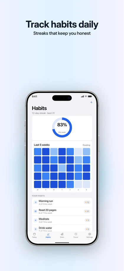 A screenshot designed in Starter: the headline “Track habits daily” above an iPhone showing a habit tracker.