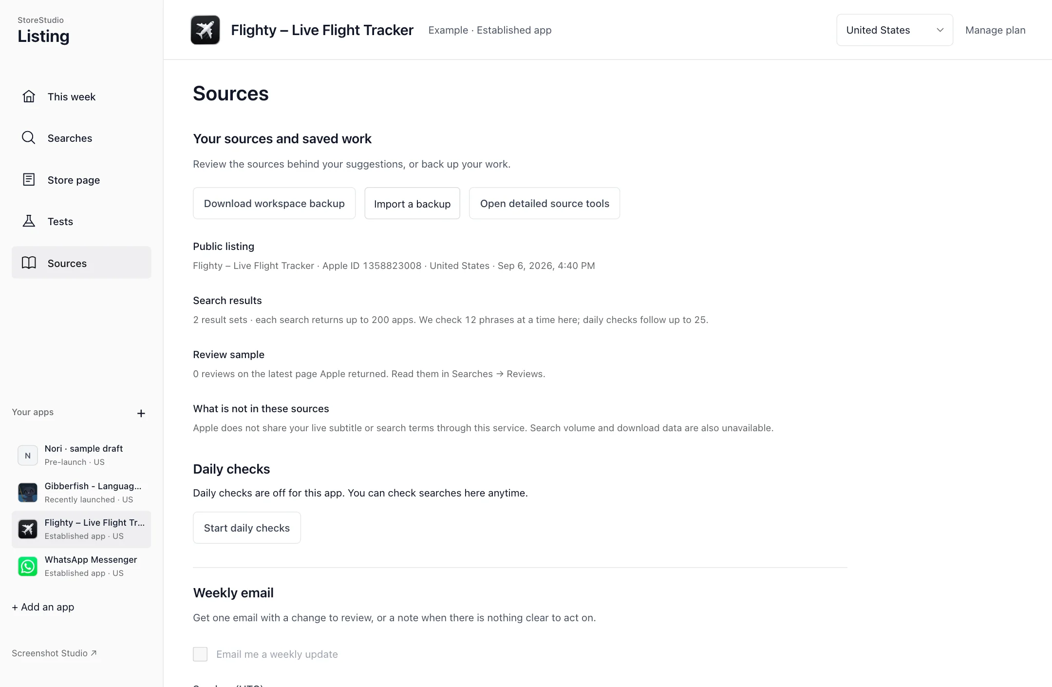 Flighty: the Sources view in Listing. Review data coverage, open detailed source tools, and back up your workspace. Daily checks and weekly email settings live here when the service is available.