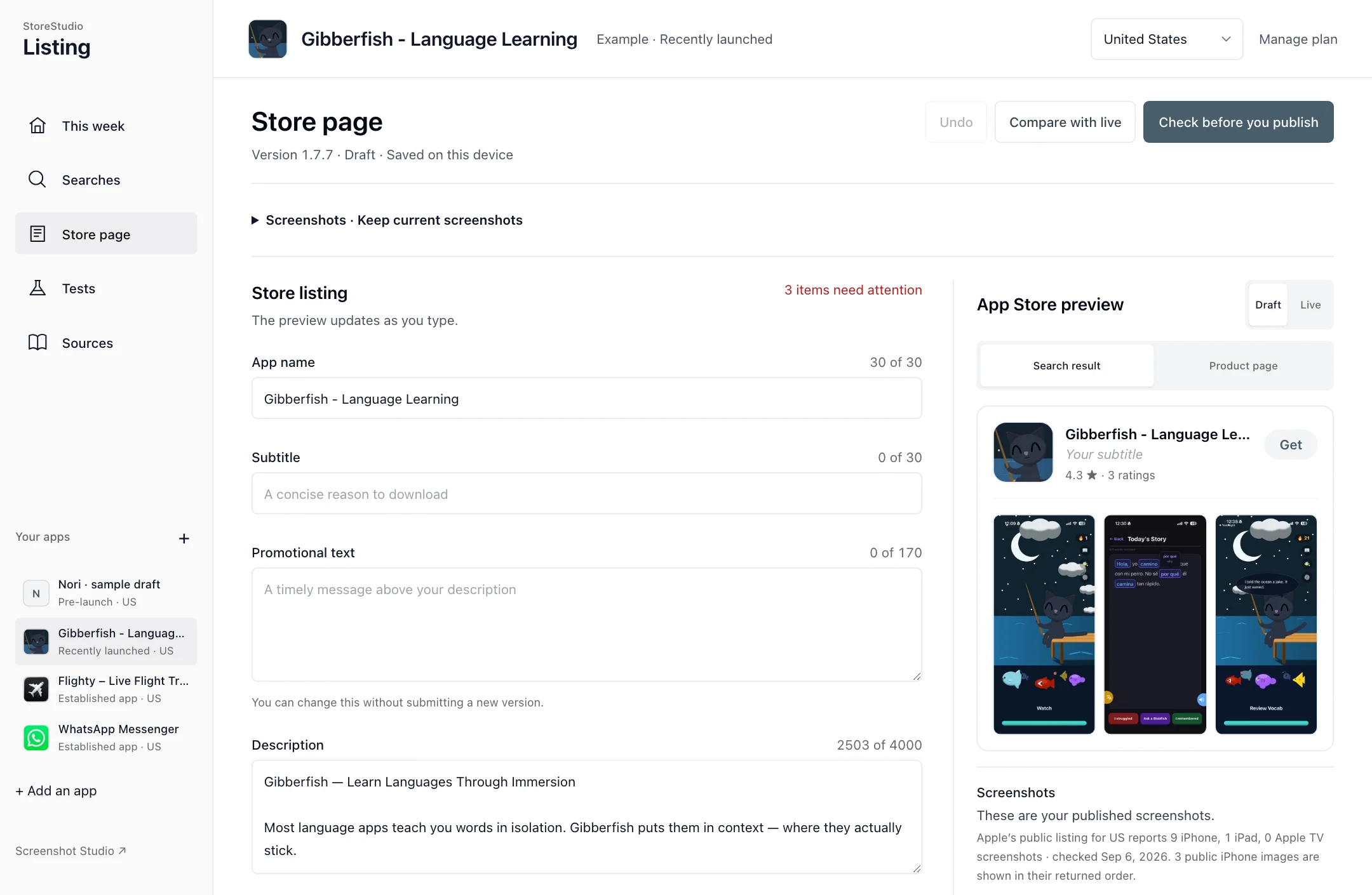 Gibberfish: the Store page view in Listing. Edit your copy with character and byte checks, compare it with the public listing, then copy or download it for App Store Connect.
